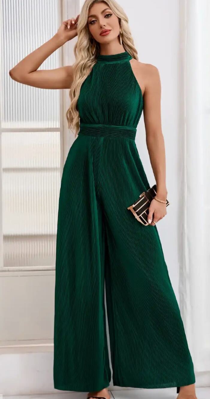JJs House Pleated Jumpsuit Event Halter Green Large